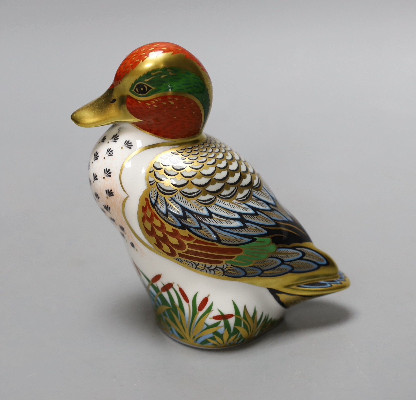 A Royal Crown Derby paperweight - Green Winged Teal, gold stopper, boxed, no certificate